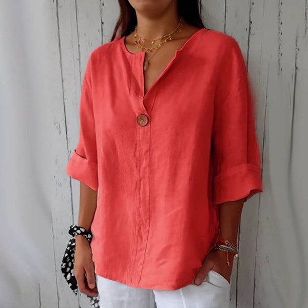 Women's V-neck Button-down T-shirt: Red / M
