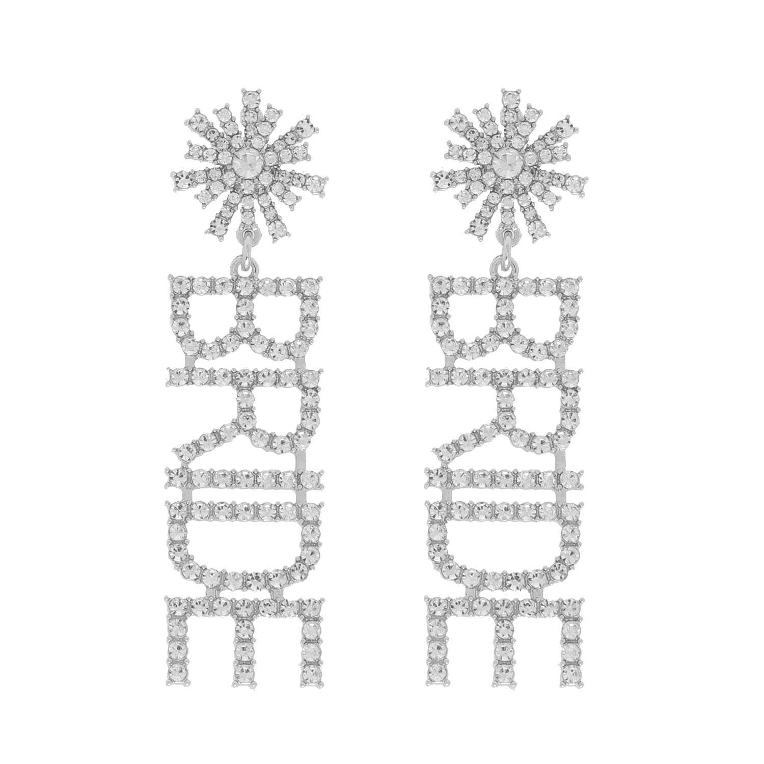 Rhinestone Pave Star Post "Bride" Long Dangle Earrings: Clear Silver