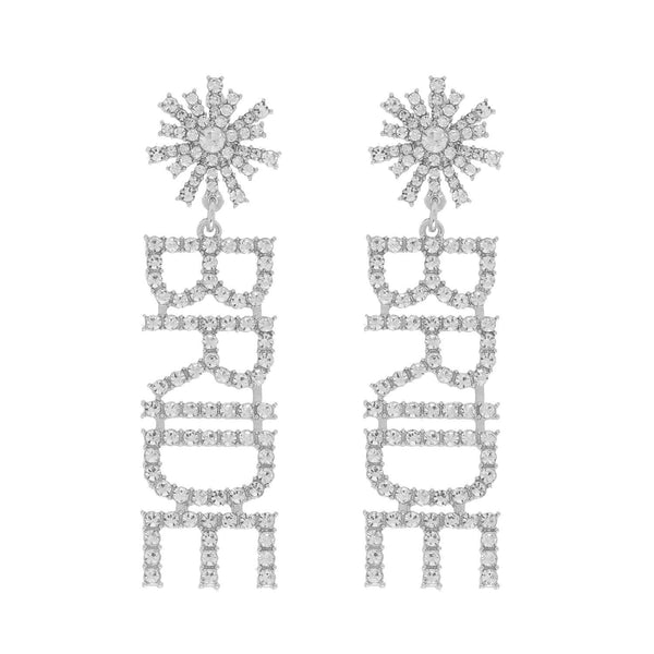 Rhinestone Pave Star Post "Bride" Long Dangle Earrings: Clear Silver