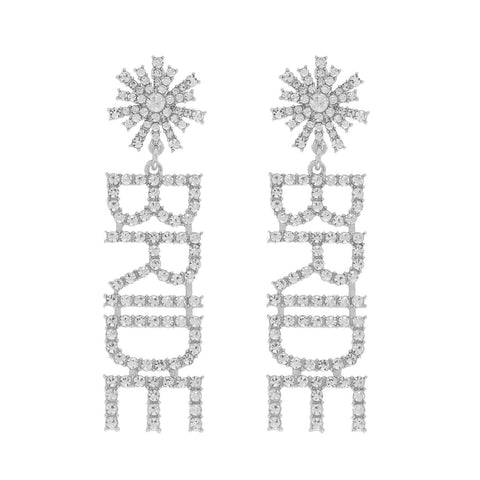 Rhinestone Pave Star Post "Bride" Long Dangle Earrings: Clear Silver