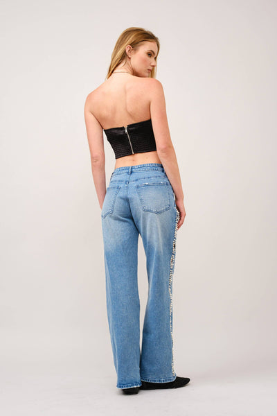 23423P - Pearl Embellished Cut Out Sides Jeans: MED WASH / M