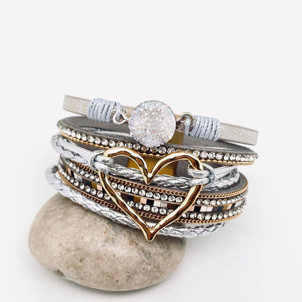Multi-Layer Heart-Shaped Bangle Bracelets | Magnetic Buckle: Silver