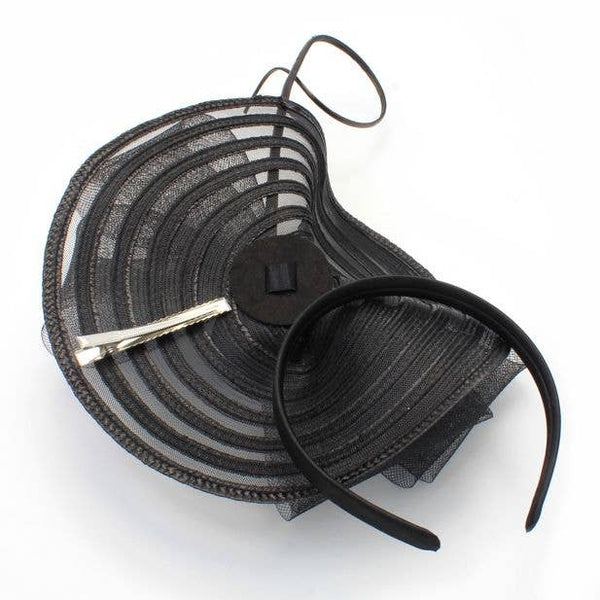 Style Iris. Black Swirl Net Fascinator With Ostrich Quill