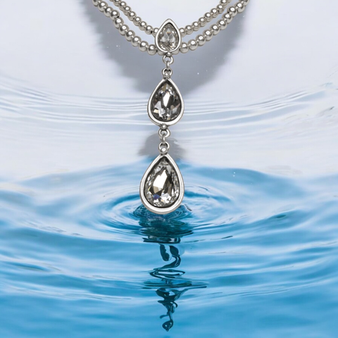 Double Strand Pewter Necklace with Two Crystal Pendants
