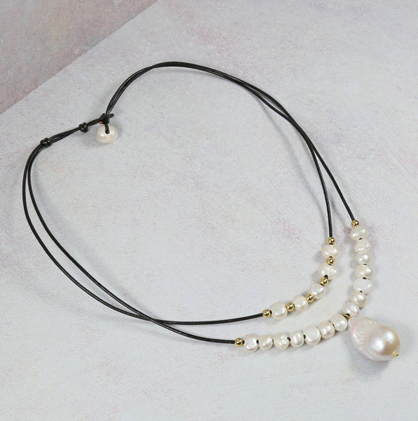 Cultured Pearl and Leather Double Strand Necklace