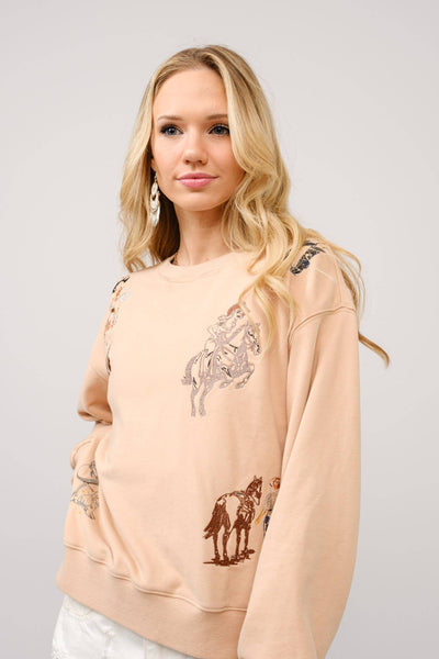 23230T - Western Motif Embroidered Graphic Sweatshirt: OFF WHITE / L