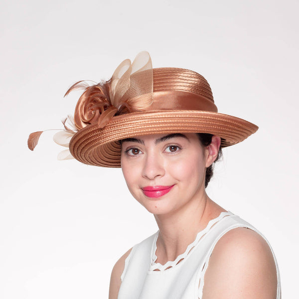 Satin Ribbon Kettle brim with flower embellishment: Bronze