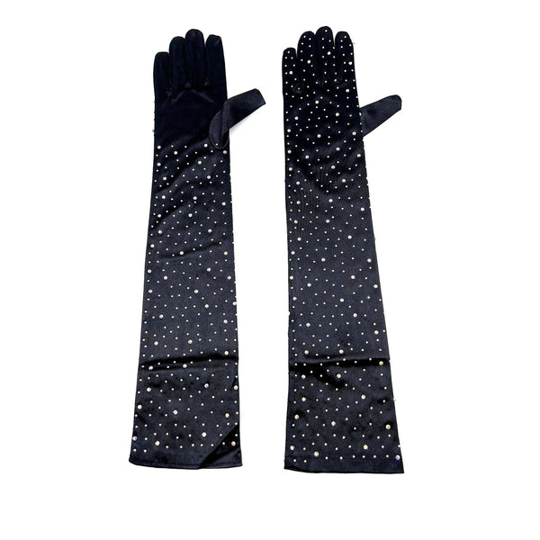 Solid Satin Rhinestone Over Elbow Length Gloves: Black