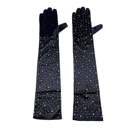 Solid Satin Rhinestone Over Elbow Length Gloves: Black