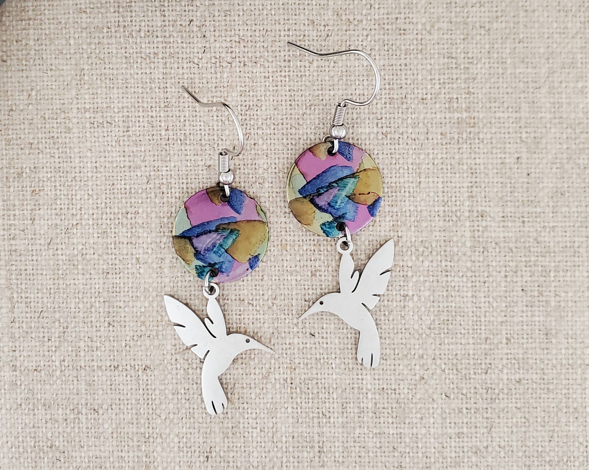 Alcohol Ink Stainless Steel Hummingbird Drop   Earrings: Pinks