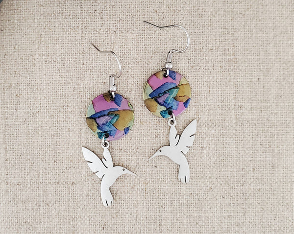 Alcohol Ink Stainless Steel Hummingbird Drop   Earrings: Pinks