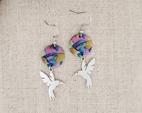Alcohol Ink Stainless Steel Hummingbird Drop   Earrings: Pinks