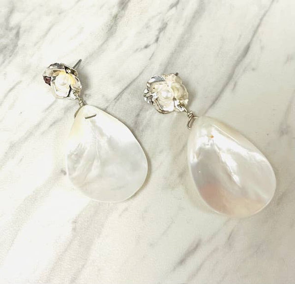 Mother of Pearl Teardrop on Silver Flower Post Earring