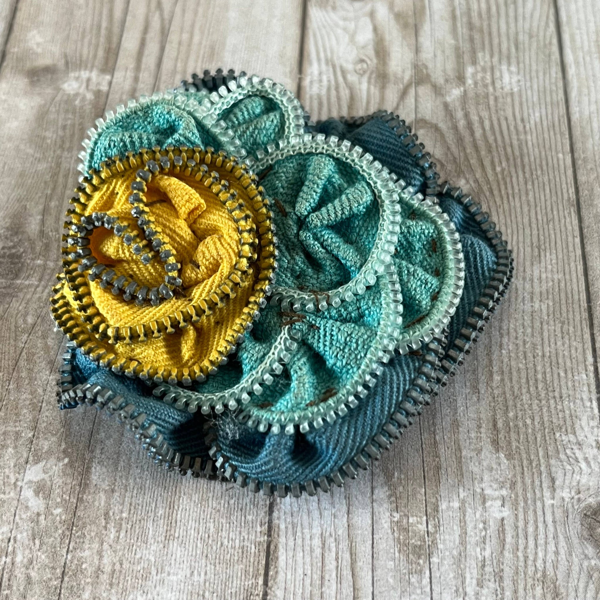 OOAK Vintage Zipper Flower Brooch Blue Yellow