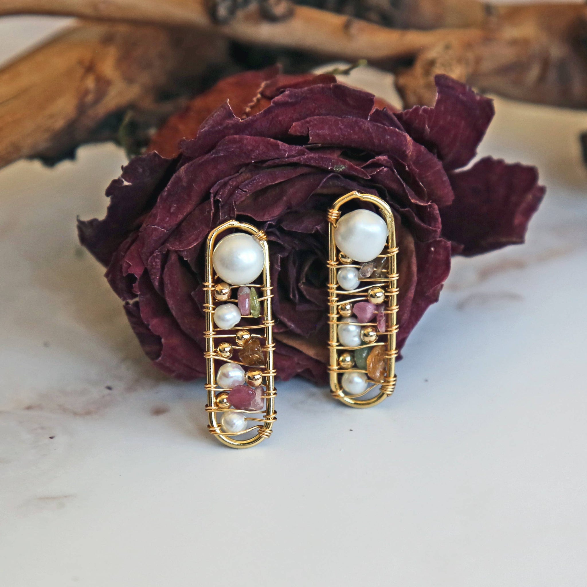 Cultured Pearl Post Stud & Mixed Stone Earring: Tourmaline