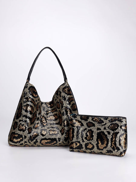 Black Leopard Sequin HandBag with Matching Clutch A219