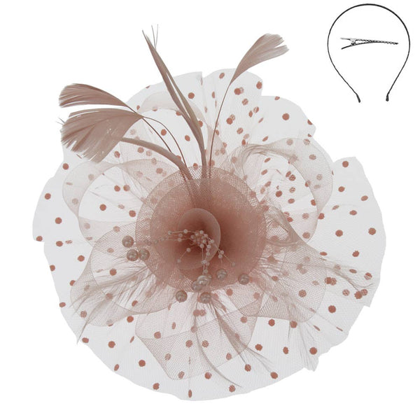 Organza Ribbon Flower Fascinator w/ Feathers & Dotted Mesh: White