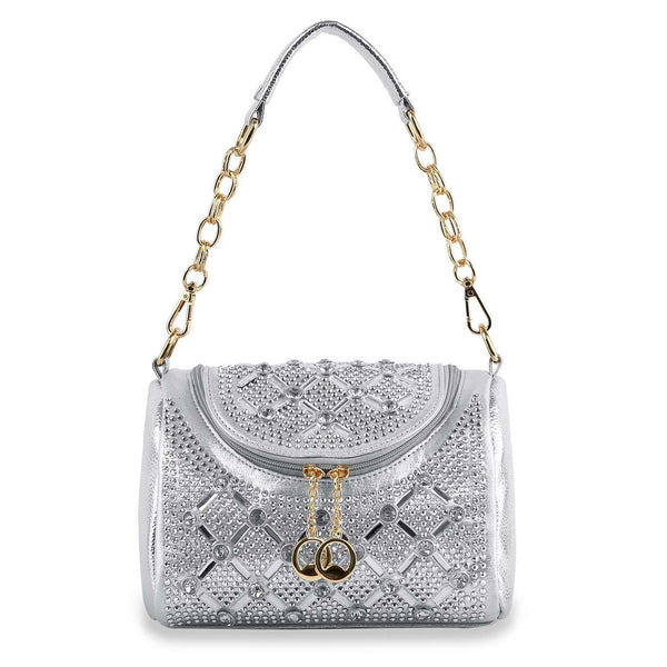 Rhinestone Design Top Flap Petite Handbag: Black