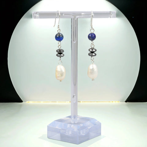 Sodalite, Hematite, and Pearl Drop Earrings