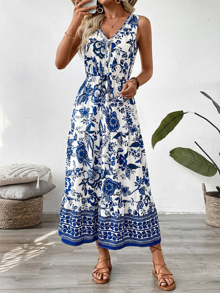Floral V Neck Sleeveless Maxi Dress: Navy / L