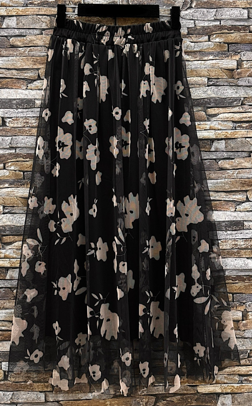 Black Tulle Skirt with Beige Floral Print