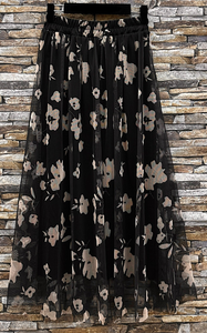 Black Tulle Skirt with Beige Floral Print