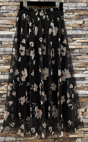 Black Tulle Skirt with Beige Floral Print