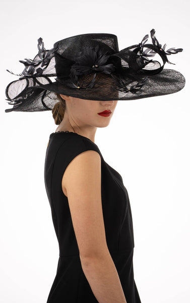 AJ599S Embellished Feather Twist Bow Wide Brim Sinamay: BLACK
