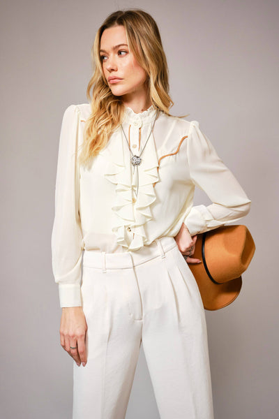 36872T - Chelsea Ruffle Front Button Up Blouse: CREAM / M