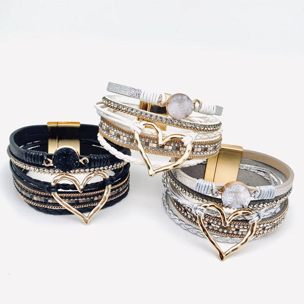 Multi-Layer Heart-Shaped Bangle Bracelets | Magnetic Buckle: Silver
