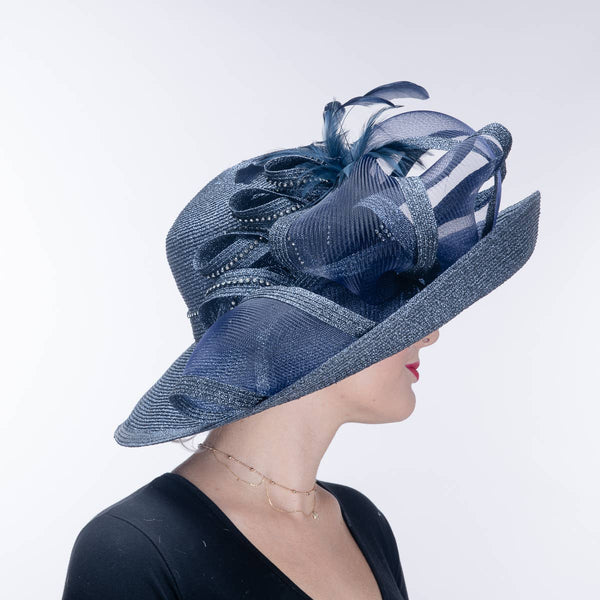 331744 Black Feather Bow Metallic Turn Up Hats: NAVY / Metallic