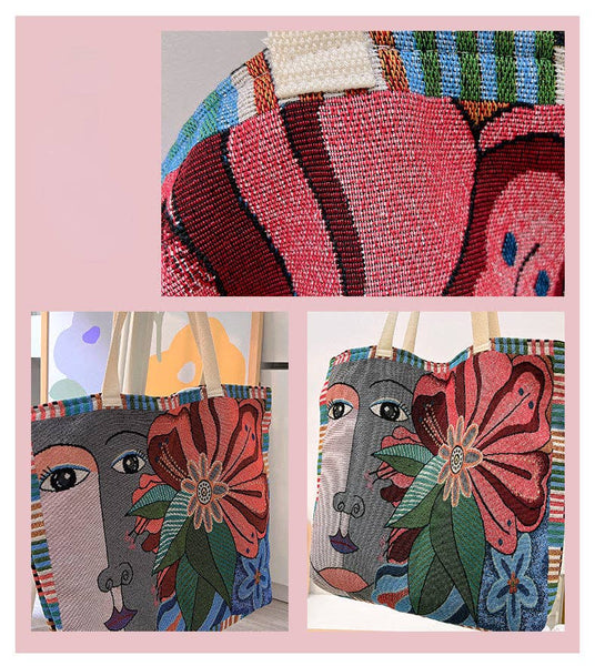 Embroidered Tote Bag with Face