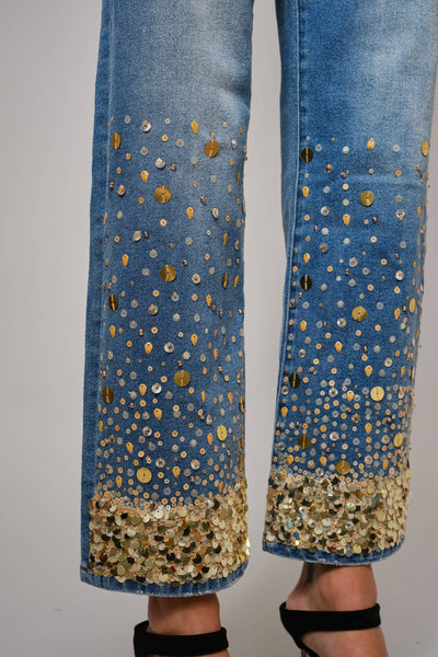 91499P - Gold Sequin Straight Leg Jeans: MED WASH / S