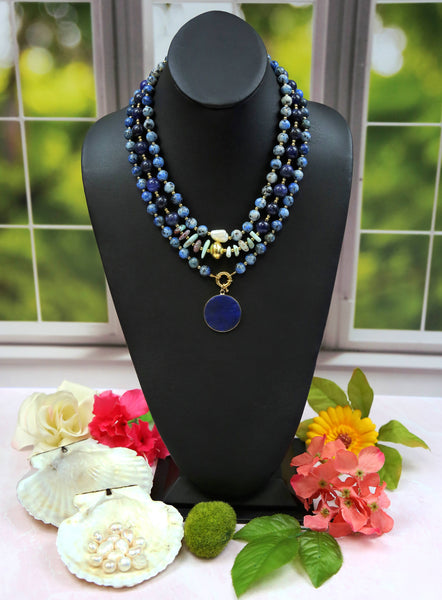 Blue Jasper and Lapis Lazuli Pendant Necklace. Set of Three