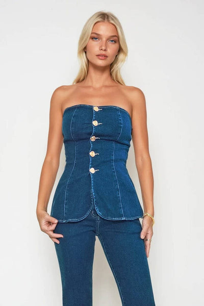 STRAPLESS GOLD BUTTON DENIM PEPLUM TOP W1515TIA MID DEN
: MID DENIM / M