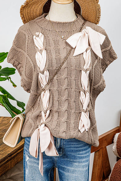 Fashion-W Cable Knit Satin Bowknot Short Sleeve Sweater: Brown / Missy / L