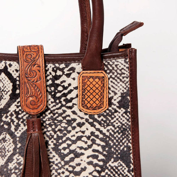 LC-ADBGA279 American Darling Cowhide Tote with Tooled Leather & Tassel Genuine Hair-On Hide: ADBGA279C