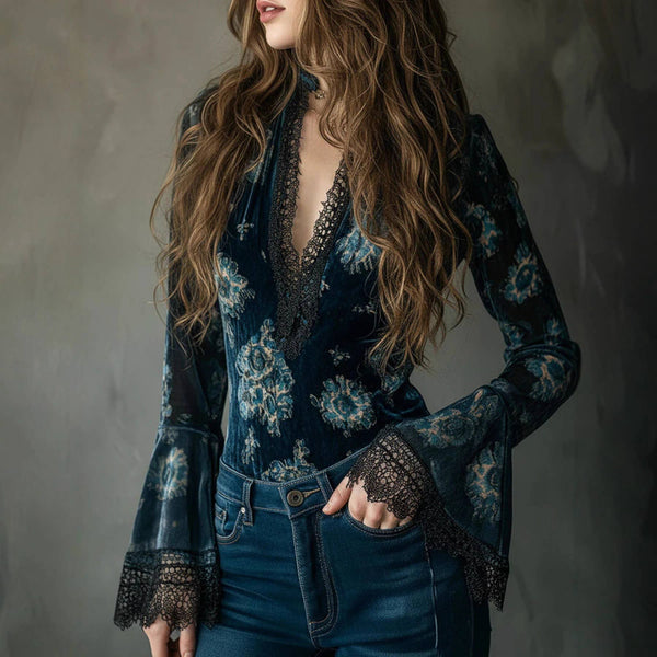Floral Lace Trim Long Sleeve Blouse: Navy / S