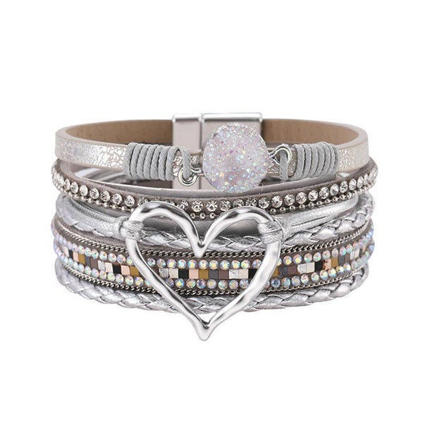 Multi-Layer Heart-Shaped Bangle Bracelets | Magnetic Buckle: Silver