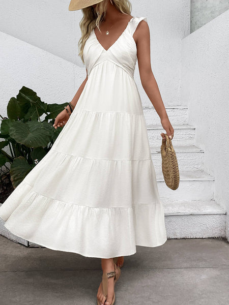 Sleeveless Ruffle Strap Tiered Maxi Dress: White / L