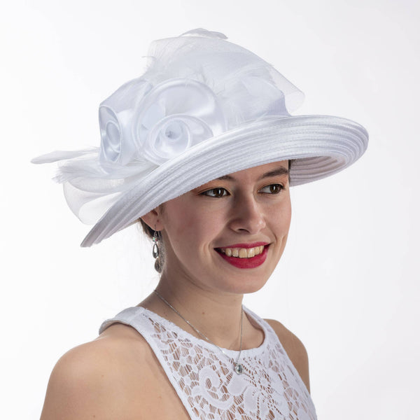 Satin Ribbon Kettle brim with flower embellishment: Bronze