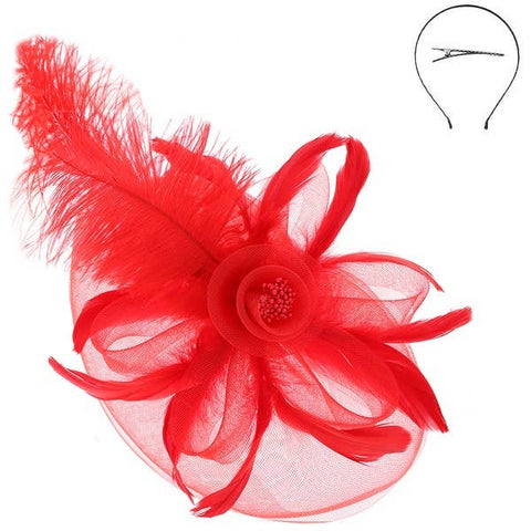 DERBY PEACOCK FEATHER ROSE FASCINATOR HEADBAND HTH2683: Rd