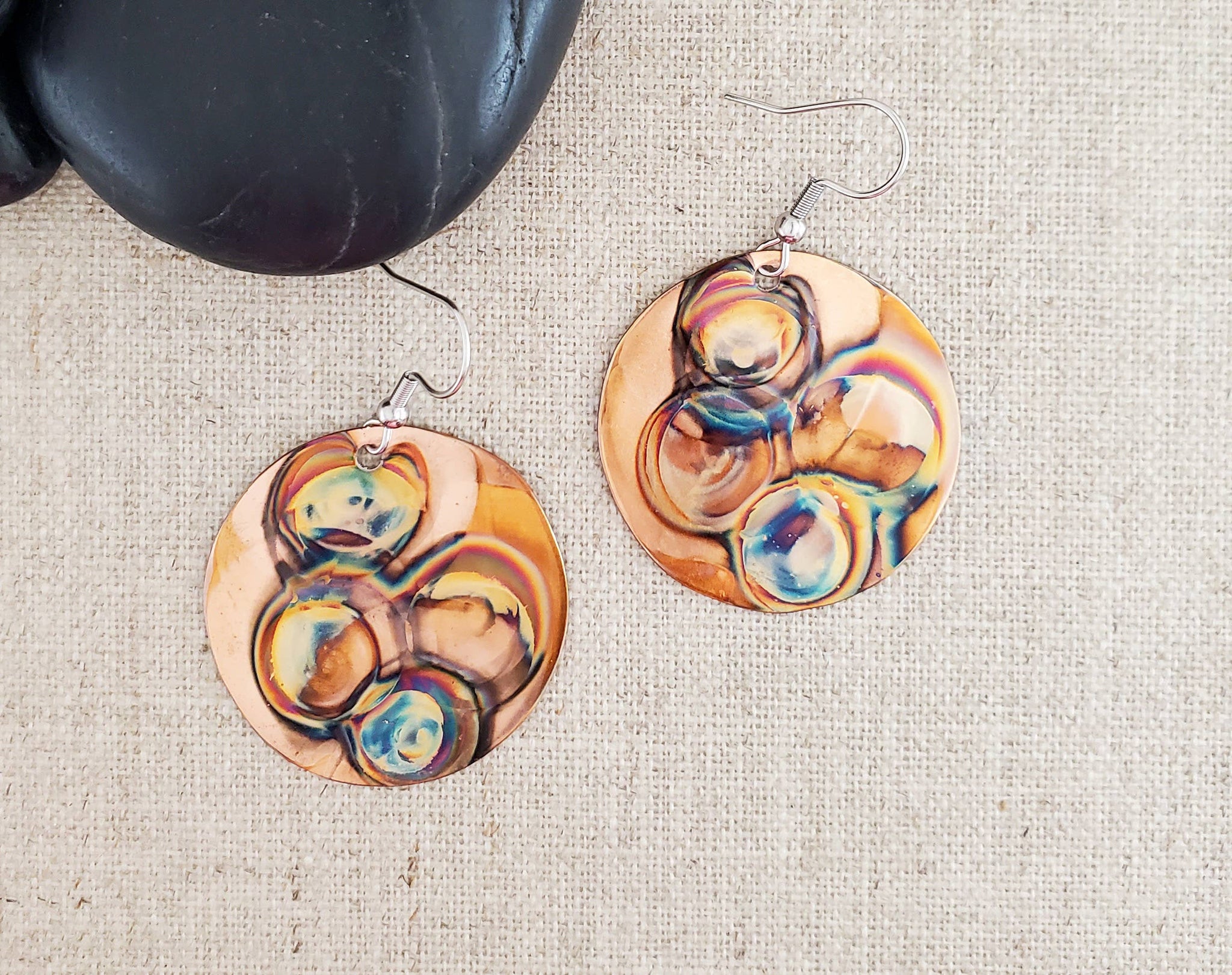 Various Size Flame Paint Copper Circle Earrings: Medium