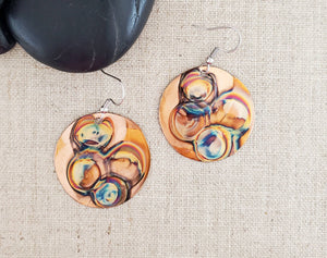 Various Size Flame Paint Copper Circle Earrings: Medium