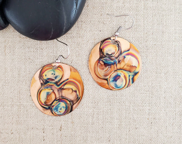 Various Size Flame Paint Copper Circle Earrings: Medium