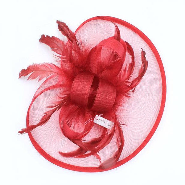 Style Doris. Ruby Red Net And Feather Fascinator