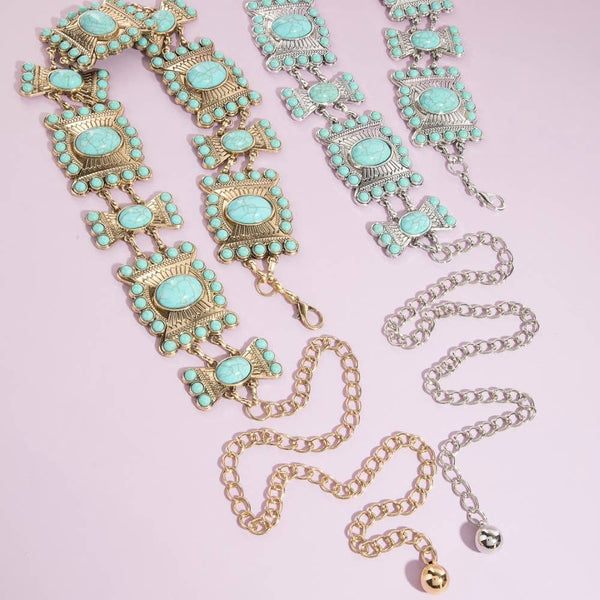 Turquoise Stone Western Concho Chain Belt: G