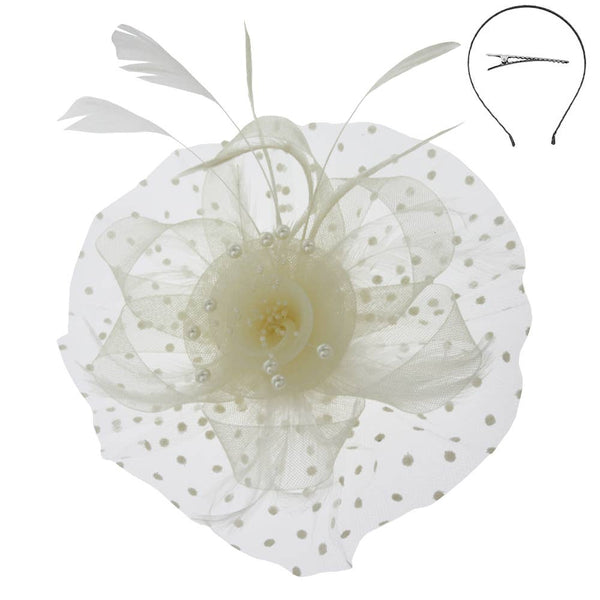 Organza Ribbon Flower Fascinator w/ Feathers & Dotted Mesh: White