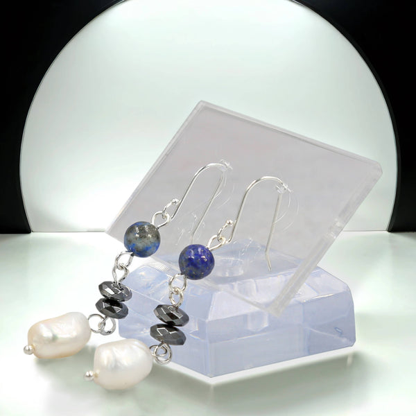 Sodalite, Hematite, and Pearl Drop Earrings