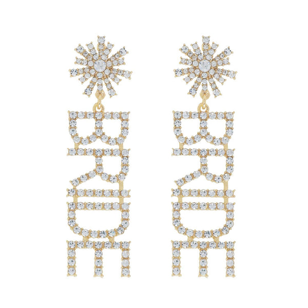 Rhinestone Pave Star Post "Bride" Long Dangle Earrings: Clear Silver
